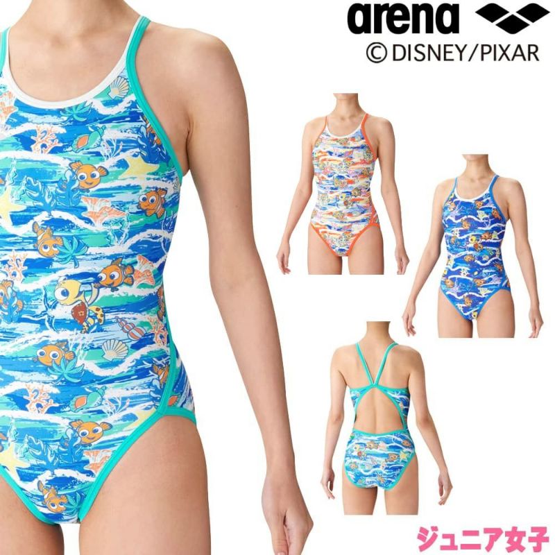 アリーナARENA競泳水着ジュニア女子練習用トレーニングワンピース(オープンバック)ディズニー『ファインディング・ニモ』タフスキンEP競泳練習水着2024春夏モデルDIS-4006WJ