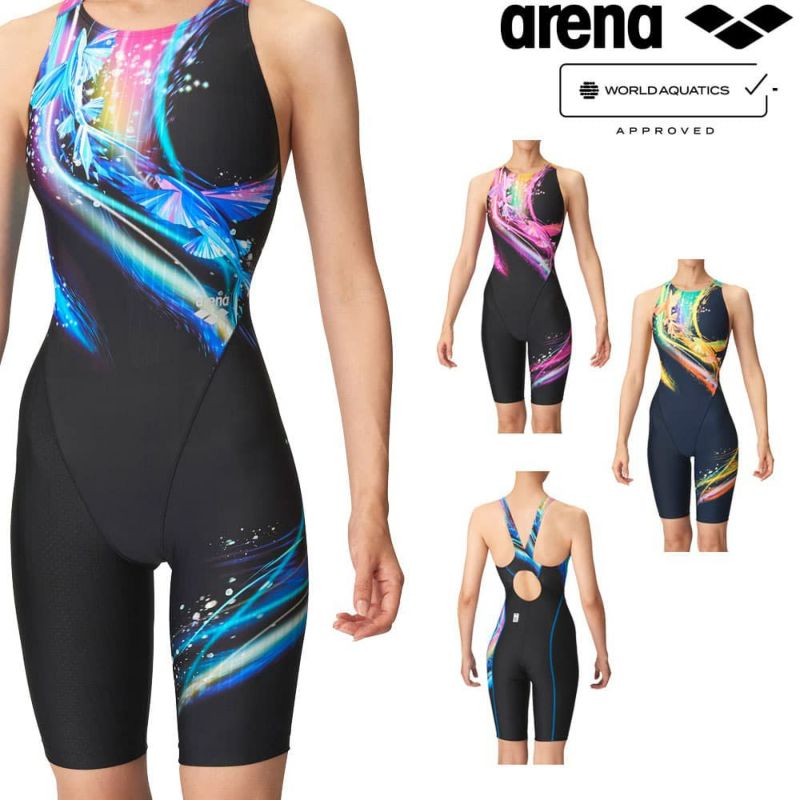 アリーナARENA競泳水着レディースWORLDAQUATICS承認レーシングワンピーススパッツオープンバックハーフレッグAQUASTRIPE-D2024秋冬モデルAS4FRC56W