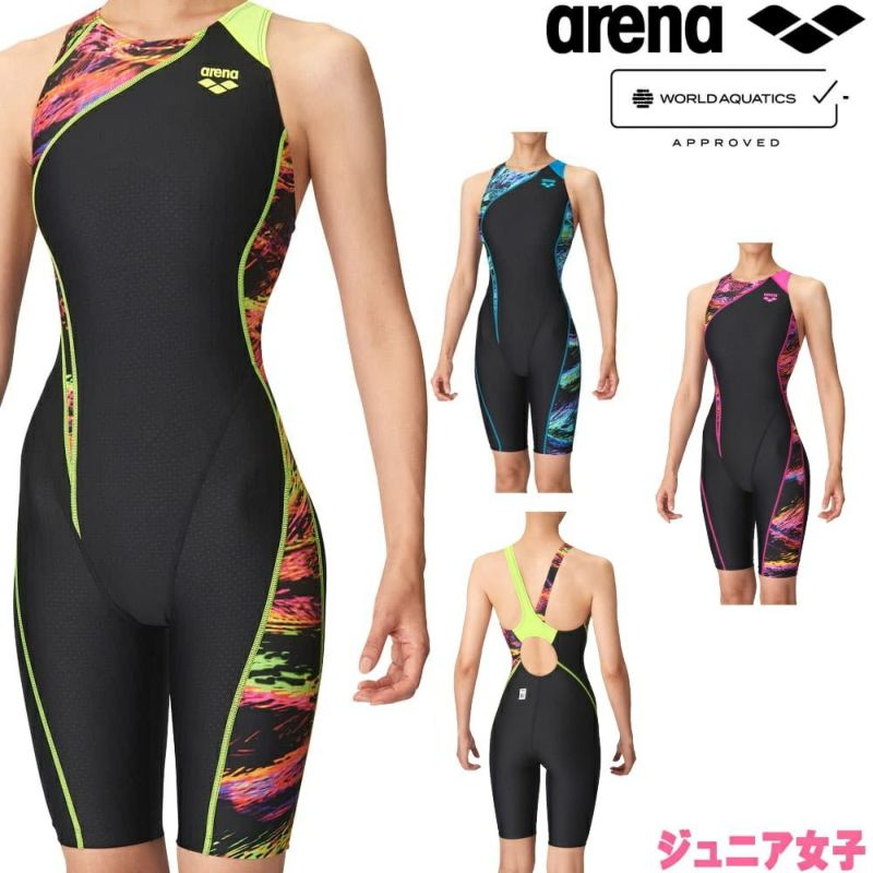 アリーナ ARENA 競泳水着 ジュニア女子 WORLD AQUATICS承認 レーシングワンピーススパッツ オールインワン オープンバック ハーフレッグ  AQUA RACING AQUA STRIPE-D 2024年秋冬モデル AS4FRC58G SWIMSHOPヒカリスポーツ［公式］