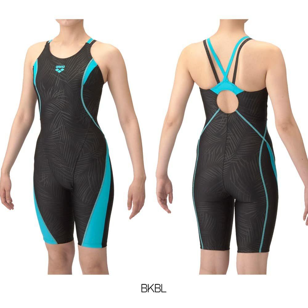 アリーナARENAフィットネス水着レディースフィットネスワンピーススパッツオープンバックハーフレッグぴったりパッドオールインワンパッド付きAQUAEXAダブルエステルリーフWR2025年春夏モデルAS5SWF03L
