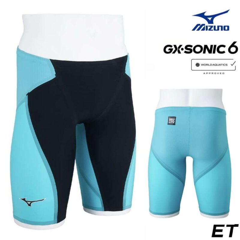 ミズノ競泳水着メンズGXSONIC6ETWA承認モデルGXSONICVIハーフスパッツ布帛素材競泳全種目短距離～中・長距離選手向きMIZUNO高速水着男性用2025年春夏モデル新色ターコイズN2MBA503finaマークあり
