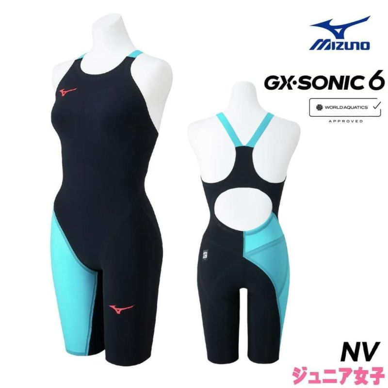 ミズノ競泳水着ジュニア女子GXSONIC6NVWA承認モデルGXSONICVIハーフスーツ布帛素材競泳全種目短距離～中・長距離選手向きMIZUNO高速水着子供用2025年春夏モデル新色ターコイズN2MGA701-Jfinaマークあり