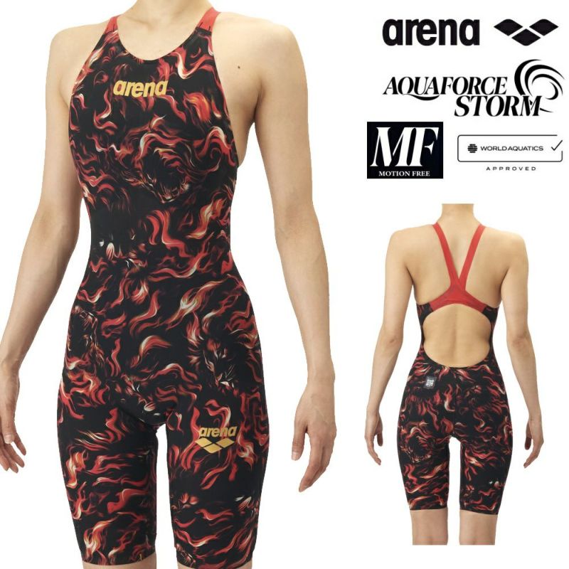 ARENAアリーナ競泳水着レディースアクアフォースストームAQUAFORCESTORMMFWA承認モデルレーシングワンピーススパッツオープンバックハーフレッグ高速水着中距離長距離選手向きarenaINDOMITUSfinaマークありAS5FRCS2L