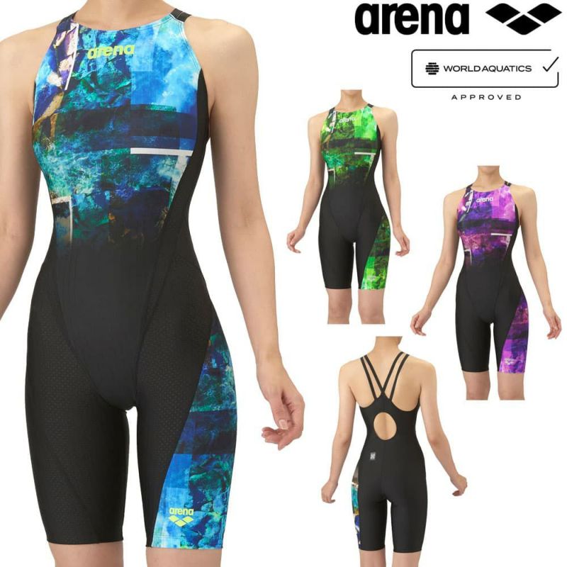 アリーナARENA競泳水着レディースWA承認モデルレーシングワンピーススパッツオープンバックハーフレッグオールインワンAQUARACINGECOAQUASTRIPE-D2025年秋冬モデルAS5FRC55Lfinaマークあり