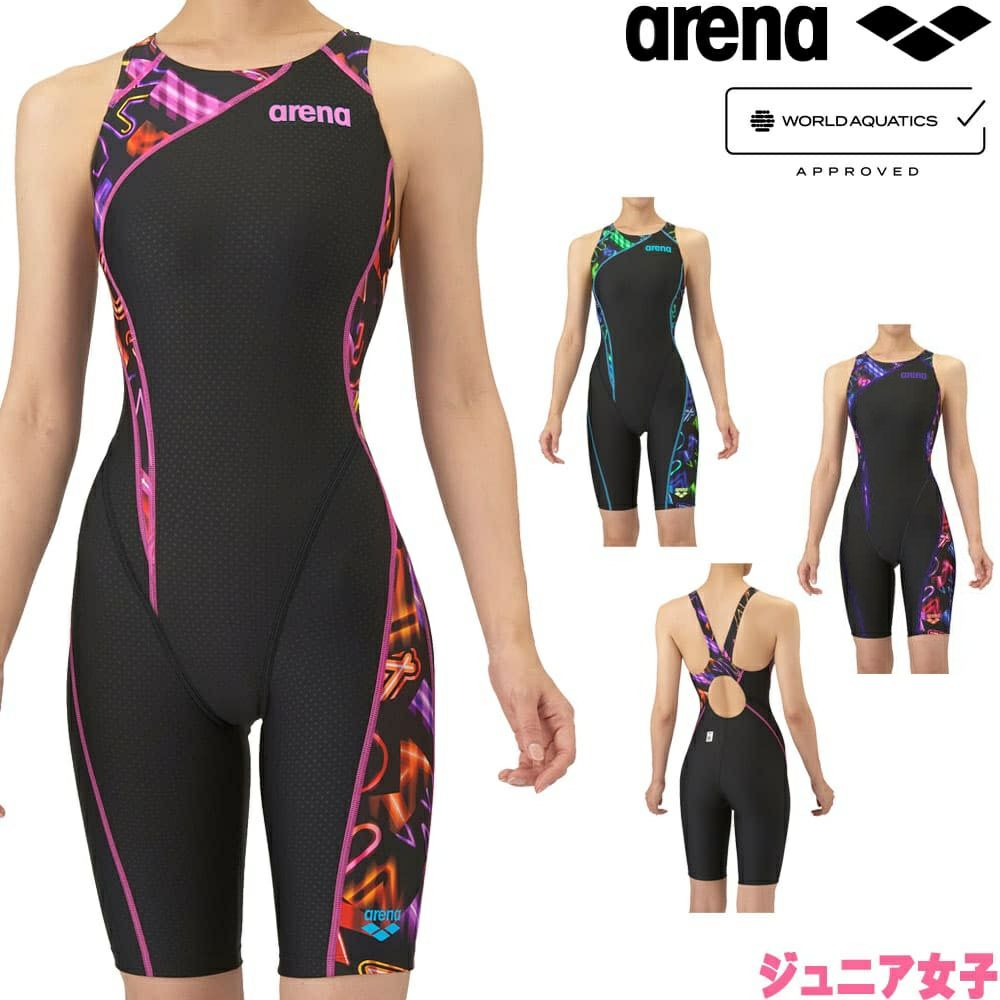 アリーナARENA競泳水着ジュニア女子WA承認モデルレーシングワンピーススパッツオープンバックハーフレッグオールインワンAQUARACINGAQUASTRIPE-D2025年秋冬モデルAS5FRC60Gfinaマークあり