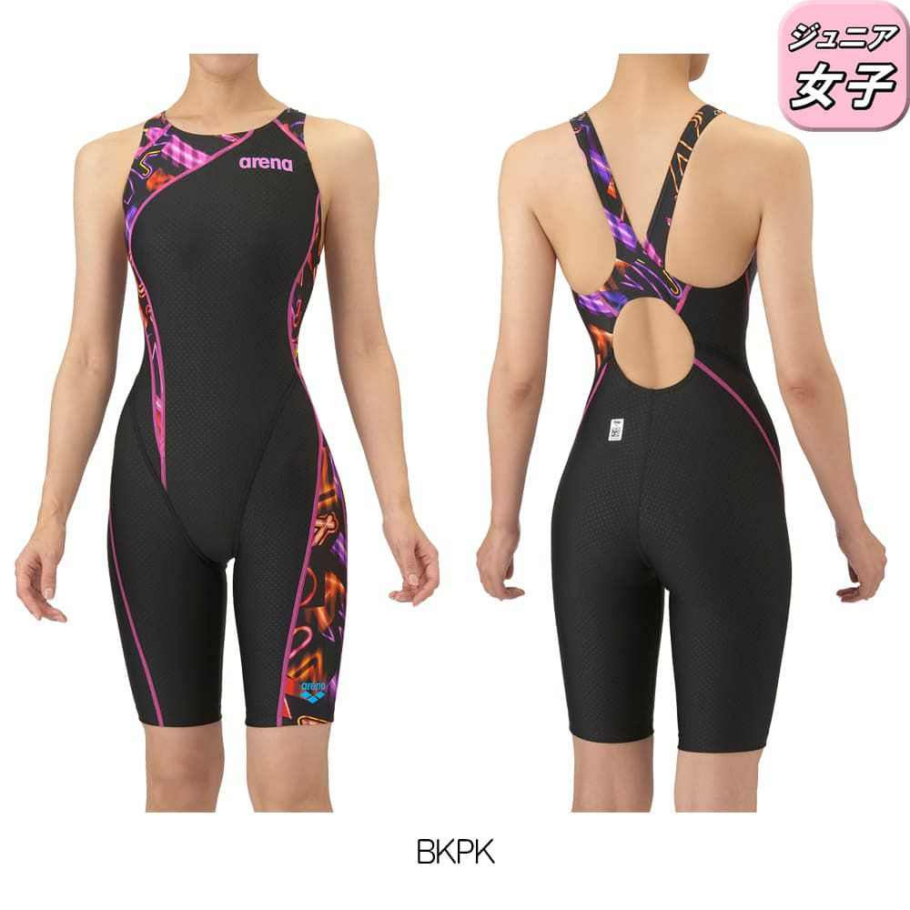 アリーナARENA競泳水着ジュニア女子WA承認モデルレーシングワンピーススパッツオープンバックハーフレッグオールインワンAQUARACINGAQUASTRIPE-D2025年秋冬モデルAS5FRC60Gfinaマークあり