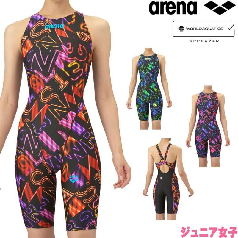 アリーナARENA競泳水着ジュニア女子WA承認モデルレーシングワンピーススパッツオープンバックハーフレッグオールインワンAQUARACINGAQUASTRIPE-D2025年秋冬モデルAS5FRC61Gfinaマークあり