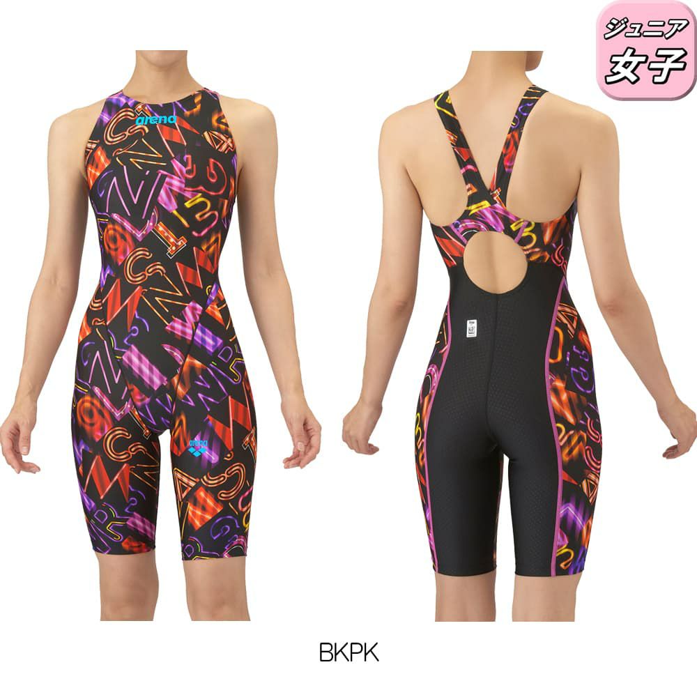 アリーナARENA競泳水着ジュニア女子WA承認モデルレーシングワンピーススパッツオープンバックハーフレッグオールインワンAQUARACINGAQUASTRIPE-D2025年秋冬モデルAS5FRC61Gfinaマークあり