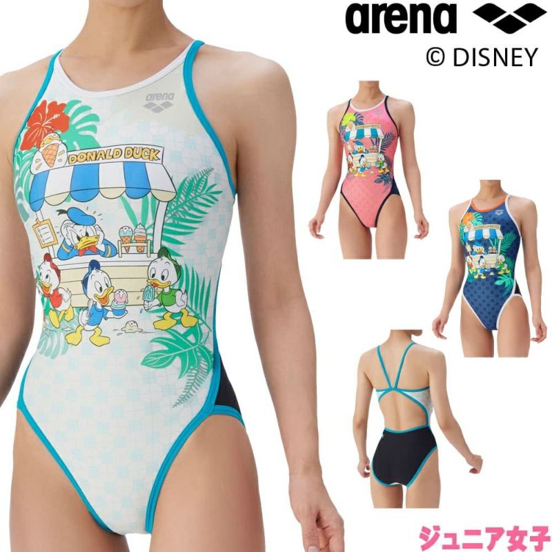 アリーナARENA競泳水着練習用水着ジュニア女子トレーニングワンピースオープンバックディズニー“ドナルド・ダック”“ヒューイ・デューイ・ルーイ”タフスーツ競泳練習水着2025年秋冬モデルAS5FWM52G