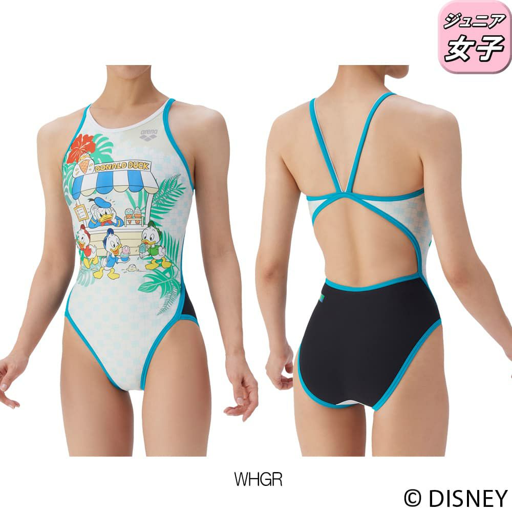 アリーナARENA競泳水着練習用水着ジュニア女子トレーニングワンピースオープンバックディズニー“ドナルド・ダック”“ヒューイ・デューイ・ルーイ”タフスーツ競泳練習水着2025年秋冬モデルAS5FWM52G