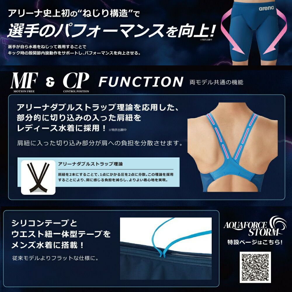 ARENAアリーナ競泳水着ジュニア女子アクアフォースストームAQUAFORCESTORMMFレーシングワンピーススパッツオープンバック・ハーフレッグ高速水着中距離長距離選手向きfinaマークありAS6SRC02G