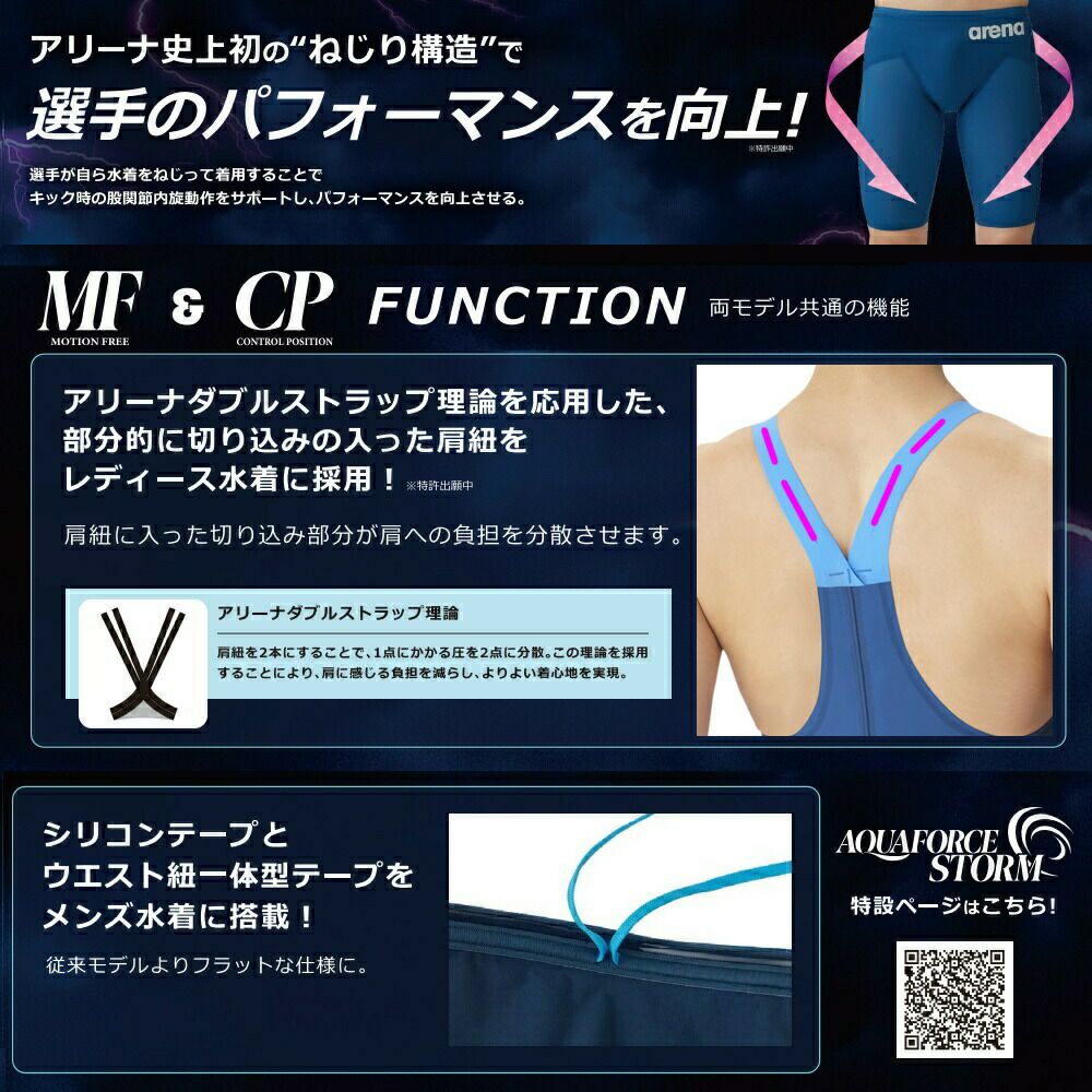 ARENAアリーナ競泳水着レディースアクアフォースストームAQUAFORCESTORMMFレーシングワンピーススパッツクローズバック・ハーフレッグ背閉じタイプ高速水着中距離長距離選手向きAS6SRC05L