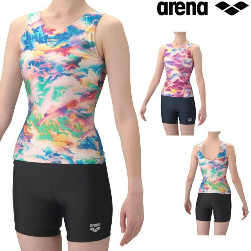 アリーナARENAフィットネス水着レディースダブルエステルSTORMCLOUDSフィットネスセパレートUバックミドルレッグ差し込みパッドパッド付き2026年春夏モデルAS6SWF53L