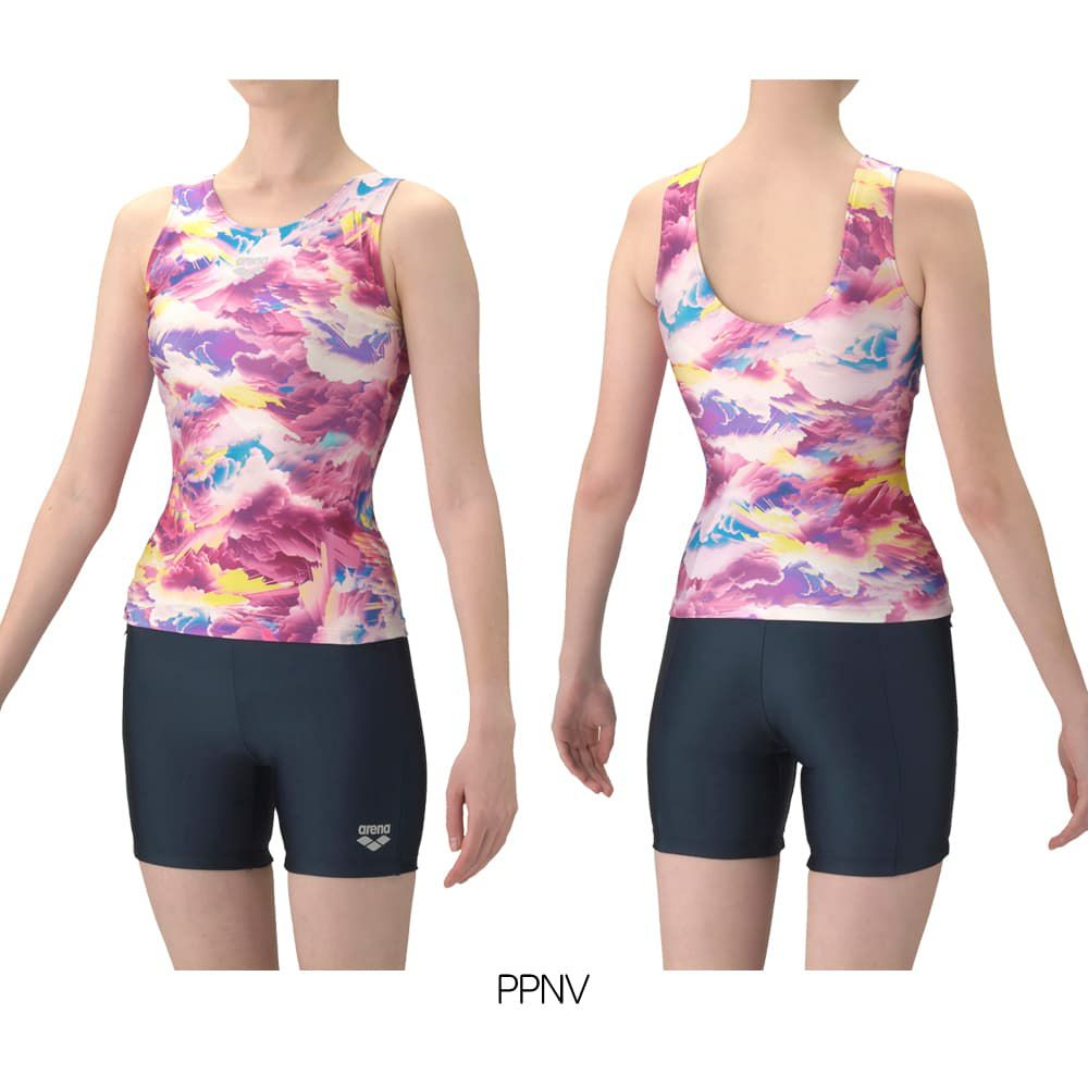 アリーナARENAフィットネス水着レディースダブルエステルSTORMCLOUDSフィットネスセパレートUバックミドルレッグ差し込みパッドパッド付き2026年春夏モデルAS6SWF53L