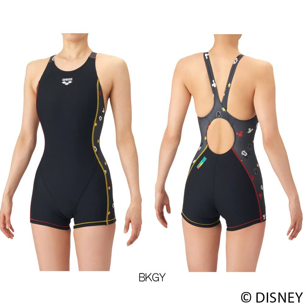 アリーナARENA競泳水着練習用水着レディースディズニー“ミッキー”タフスーツタフスキンT2Eトレーニングワンピーススパッツオープンバックミドルレッグオールインワン競泳練習水着2026年春夏モデルAS6SWM52L